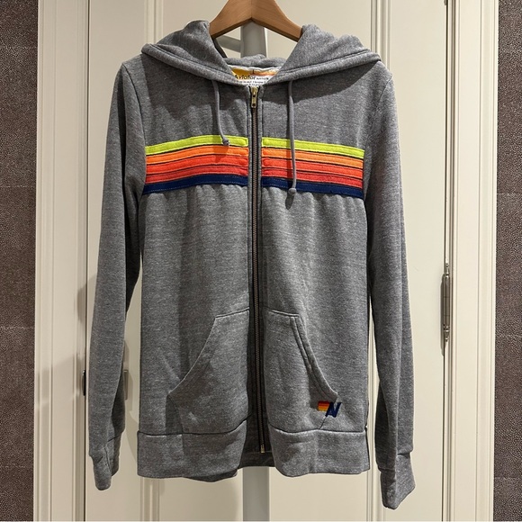 Aviator Nation 5 stripe hoodie (heather grey, neon rainbow blue; L) - Picture 1 of 9